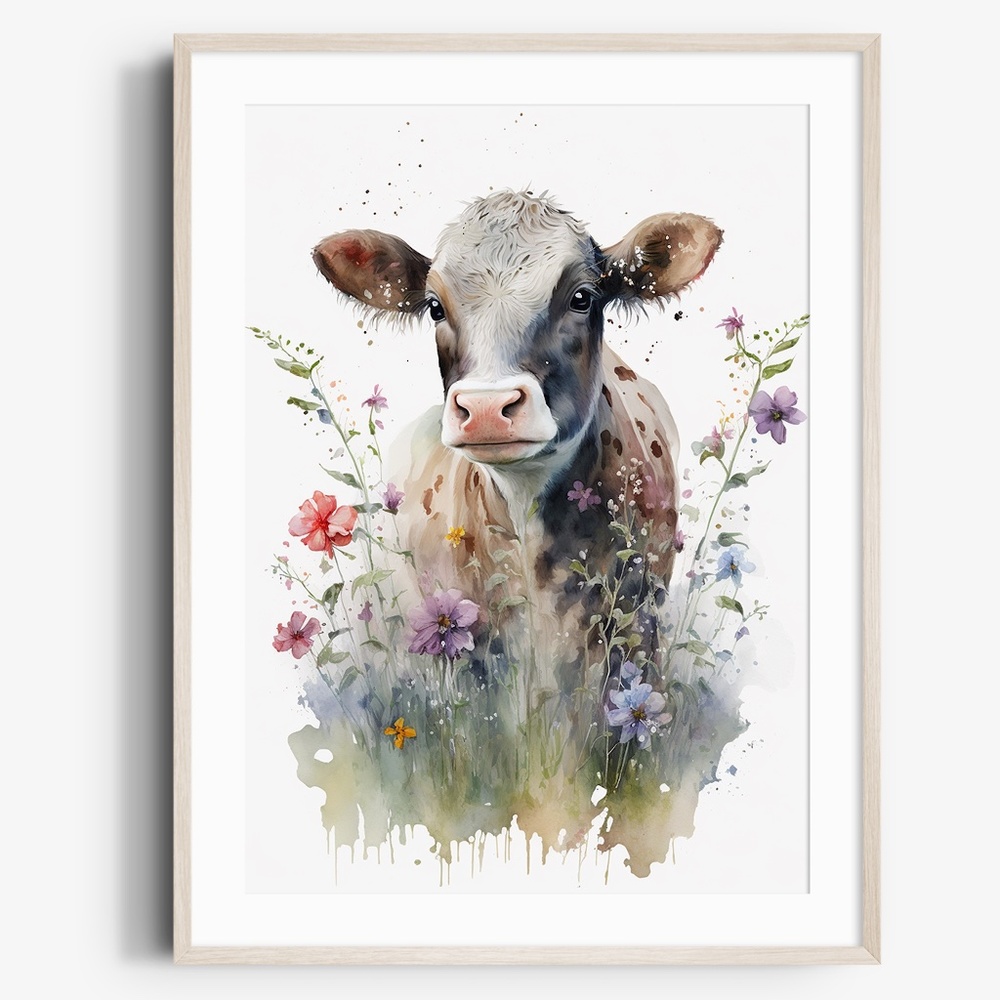 Watercolor Cute Floral Farm Cow Wall Art Illustration Print Poster Unframed